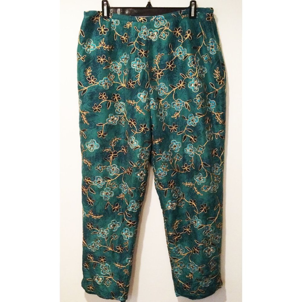 Anne Carson Silk Embroidered Pants Green Size 14
